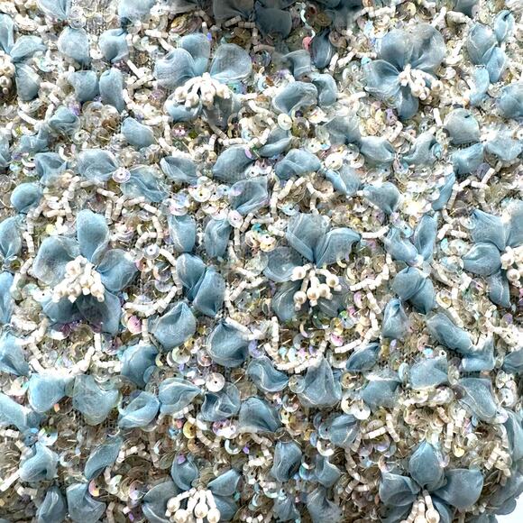 Royal Cathay Vintage Powder Blue Knit Floral Sequin Beaded Dress Size Small - Picture 6 of 9